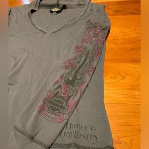 Harley Davidson long sleeve v neck hooded T-shirt